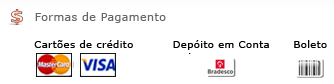 Visa, Master Card, Visa Electron, Depósito em conta Bradesco e Boleto.